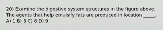 20) Examine the digestive system structures in the figure above. The agents that help emulsify fats are produced in location _____. A) 1 B) 3 C) 8 D) 9