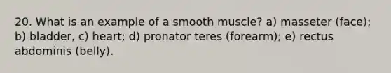 20. What is an example of a smooth muscle? a) masseter (face); b) bladder, c) heart; d) pronator teres (forearm); e) rectus abdominis (belly).