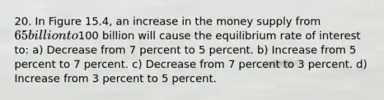 20. In Figure 15.4, an increase in the money supply from 65 billion to100 billion will cause the equilibrium rate of interest to: a) Decrease from 7 percent to 5 percent. b) Increase from 5 percent to 7 percent. c) Decrease from 7 percent to 3 percent. d) Increase from 3 percent to 5 percent.