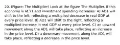 20. (Figure: The Multiplier) Look at the figure The Multiplier. If this economy is at Y1 and investment spending increases: A) AD1 will shift to the left, reflecting a multiplied decrease in real GDP at every price level. B) AD1 will shift to the right, reflecting a multiplied increase in real GDP at every price level. C) an upward movement along the AD1 will take place, reflecting an increase in the price level. D) a downward movement along the AD1 will take place, reflecting a decrease in the price level.