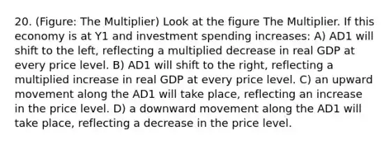 20. (Figure: The Multiplier) Look at the figure The Multiplier. If this economy is at Y1 and investment spending increases: A) AD1 will shift to the left, reflecting a multiplied decrease in real GDP at every price level. B) AD1 will shift to the right, reflecting a multiplied increase in real GDP at every price level. C) an upward movement along the AD1 will take place, reflecting an increase in the price level. D) a downward movement along the AD1 will take place, reflecting a decrease in the price level.