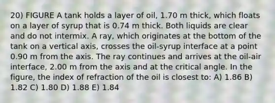 20) FIGURE A tank holds a layer of oil, 1.70 m thick, which floats on a layer of syrup that is 0.74 m thick. Both liquids are clear and do not intermix. A ray, which originates at the bottom of the tank on a vertical axis, crosses the oil-syrup interface at a point 0.90 m from the axis. The ray continues and arrives at the oil-air interface, 2.00 m from the axis and at the critical angle. In the figure, the index of refraction of the oil is closest to: A) 1.86 B) 1.82 C) 1.80 D) 1.88 E) 1.84