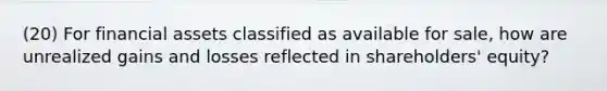 (20) For financial assets classified as available for sale, how are unrealized gains and losses reflected in shareholders' equity?