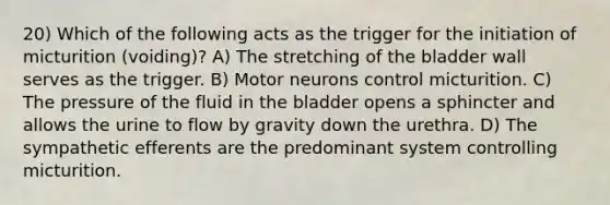 20) Which of the following acts as the trigger for the initiation of micturition (voiding)? A) The stretching of the bladder wall serves as the trigger. B) Motor neurons control micturition. C) The pressure of the fluid in the bladder opens a sphincter and allows the urine to flow by gravity down the urethra. D) The sympathetic efferents are the predominant system controlling micturition.