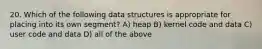 20. Which of the following data structures is appropriate for placing into its own segment? A) heap B) kernel code and data C) user code and data D) all of the above