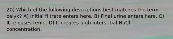 20) Which of the following descriptions best matches the term calyx? A) Initial filtrate enters here. B) Final urine enters here. C) It releases renin. D) It creates high interstitial NaCl concentration.