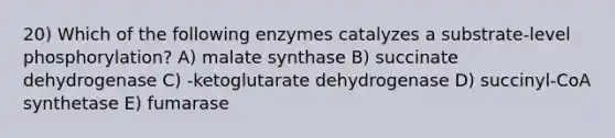 20) Which of the following enzymes catalyzes a substrate-level phosphorylation? A) malate synthase B) succinate dehydrogenase C) -ketoglutarate dehydrogenase D) succinyl-CoA synthetase E) fumarase