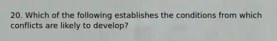 20. Which of the following establishes the conditions from which conflicts are likely to develop?