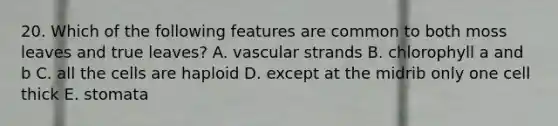 20. Which of the following features are common to both moss leaves and true leaves? A. vascular strands B. chlorophyll a and b C. all the cells are haploid D. except at the midrib only one cell thick E. stomata