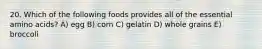 20. Which of the following foods provides all of the essential amino acids? A) egg B) corn C) gelatin D) whole grains E) broccoli