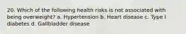 20. Which of the following health risks is not associated with being overweight? a. Hypertension b. Heart disease c. Type I diabetes d. Gallbladder disease