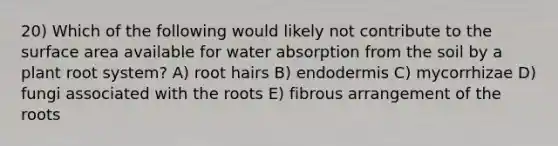 20) Which of the following would likely not contribute to the surface area available for water absorption from the soil by a plant root system? A) root hairs B) endodermis C) mycorrhizae D) fungi associated with the roots E) fibrous arrangement of the roots