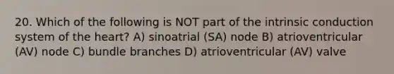 20. Which of the following is NOT part of the intrinsic conduction system of the heart? A) sinoatrial (SA) node B) atrioventricular (AV) node C) bundle branches D) atrioventricular (AV) valve