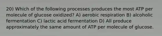 20) Which of the following processes produces the most ATP per molecule of glucose oxidized? A) <a href='https://www.questionai.com/knowledge/kyxGdbadrV-aerobic-respiration' class='anchor-knowledge'>aerobic respiration</a> B) alcoholic fermentation C) lactic acid fermentation D) All produce approximately the same amount of ATP per molecule of glucose.