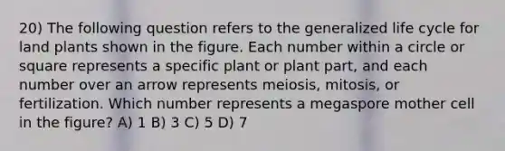 20) The following question refers to the generalized life cycle for land plants shown in the figure. Each number within a circle or square represents a specific plant or plant part, and each number over an arrow represents meiosis, mitosis, or fertilization. Which number represents a megaspore mother cell in the figure? A) 1 B) 3 C) 5 D) 7