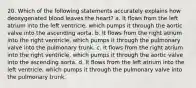 20. Which of the following statements accurately explains how deoxygenated blood leaves the heart? a. It flows from the left atrium into the left ventricle, which pumps it through the aortic valve into the ascending aorta. b. It flows from the right atrium into the right ventricle, which pumps it through the pulmonary valve into the pulmonary trunk. c. It flows from the right atrium into the right ventricle, which pumps it through the aortic valve into the ascending aorta. d. It flows from the left atrium into the left ventricle, which pumps it through the pulmonary valve into the pulmonary trunk.