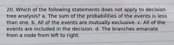 20. Which of the following statements does not apply to decision tree analysis? a. The sum of the probabilities of the events is less than one. b. All of the events are mutually exclusive. c. All of the events are included in the decision. d. The branches emanate from a node from left to right.