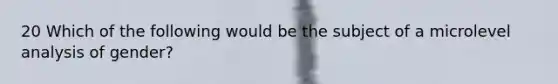 20 Which of the following would be the subject of a microlevel analysis of gender?