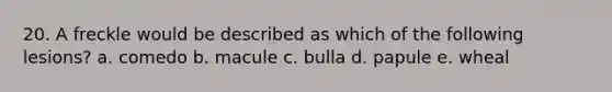 20. A freckle would be described as which of the following lesions? a. comedo b. macule c. bulla d. papule e. wheal