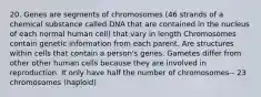 20. Genes are segments of chromosomes (46 strands of a chemical substance called DNA that are contained in the nucleus of each normal human cell) that vary in length Chromosomes contain genetic information from each parent. Are structures within cells that contain a person's genes. Gametes differ from other other human cells because they are involved in reproduction. It only have half the number of chromosomes-- 23 chromosomes (haploid)