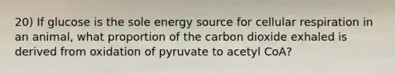 20) If glucose is the sole energy source for cellular respiration in an animal, what proportion of the carbon dioxide exhaled is derived from oxidation of pyruvate to acetyl CoA?