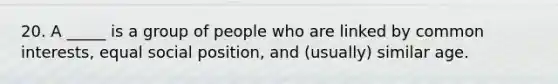 20. A _____ is a group of people who are linked by common interests, equal social position, and (usually) similar age.