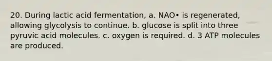 20. During lactic acid fermentation, a. NAO• is regenerated, allowing glycolysis to continue. b. glucose is split into three pyruvic acid molecules. c. oxygen is required. d. 3 ATP molecules are produced.