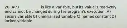 20. A(n) ___________ is like a variable, but its value is read-only and cannot be changed during the program's execution. A) secure variable B) uninitialized variable C) named constant D) locked variable