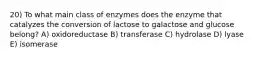 20) To what main class of enzymes does the enzyme that catalyzes the conversion of lactose to galactose and glucose belong? A) oxidoreductase B) transferase C) hydrolase D) lyase E) isomerase