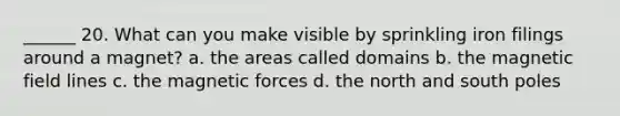 ______ 20. What can you make visible by sprinkling iron filings around a magnet? a. the areas called domains b. the magnetic field lines c. the magnetic forces d. the north and south poles