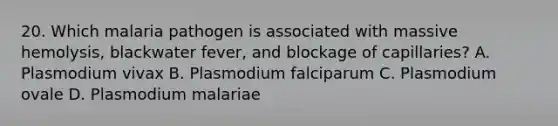 20. Which malaria pathogen is associated with massive hemolysis, blackwater fever, and blockage of capillaries? A. Plasmodium vivax B. Plasmodium falciparum C. Plasmodium ovale D. Plasmodium malariae