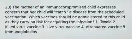 20) The mother of an immunocompromised child expresses concern that her child will "catch" a disease from the scheduled vaccination. Which vaccines should be administered to this child as they carry no risk for acquiring the infection? 1. Toxoid 2. Killed virus vaccine 3. Live virus vaccine 4. Attenuated vaccine 5. Immunoglobulins