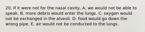 20. If it were not for the nasal cavity, A. we would not be able to speak. B. more debris would enter the lungs. C. oxygen would not be exchanged in the alveoli. D. food would go down the wrong pipe. E. air would not be conducted to the lungs.