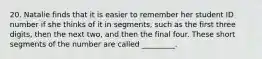 20. Natalie finds that it is easier to remember her student ID number if she thinks of it in segments, such as the first three digits, then the next two, and then the final four. These short segments of the number are called _________.