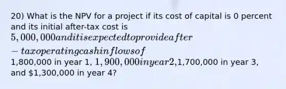 20) What is the NPV for a project if its cost of capital is 0 percent and its initial after-tax cost is 5,000,000 and it is expected to provide after-tax operating cash inflows of1,800,000 in year 1, 1,900,000 in year 2,1,700,000 in year 3, and 1,300,000 in year 4?