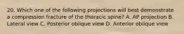 20. Which one of the following projections will best demonstrate a compression fracture of the thoracic spine? A. AP projection B. Lateral view C. Posterior oblique view D. Anterior oblique view