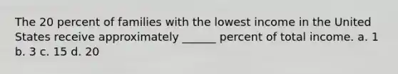 The 20 percent of families with the lowest income in the United States receive approximately ______ percent of total income. a. 1 b. 3 c. 15 d. 20