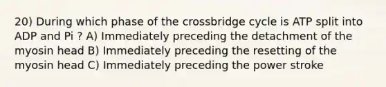 20) During which phase of the crossbridge cycle is ATP split into ADP and Pi ? A) Immediately preceding the detachment of the myosin head B) Immediately preceding the resetting of the myosin head C) Immediately preceding the power stroke