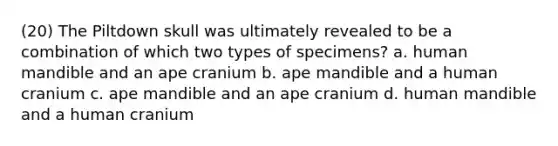 (20) The Piltdown skull was ultimately revealed to be a combination of which two types of specimens? a. human mandible and an ape cranium b. ape mandible and a human cranium c. ape mandible and an ape cranium d. human mandible and a human cranium