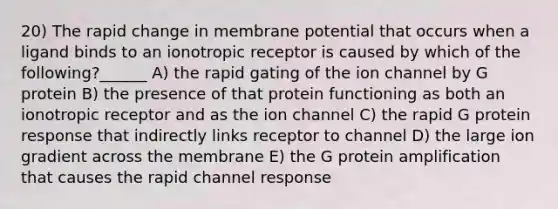 20) The rapid change in membrane potential that occurs when a ligand binds to an ionotropic receptor is caused by which of the following?______ A) the rapid gating of the ion channel by G protein B) the presence of that protein functioning as both an ionotropic receptor and as the ion channel C) the rapid G protein response that indirectly links receptor to channel D) the large ion gradient across the membrane E) the G protein amplification that causes the rapid channel response