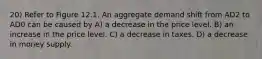 20) Refer to Figure 12.1. An aggregate demand shift from AD2 to AD0 can be caused by A) a decrease in the price level. B) an increase in the price level. C) a decrease in taxes. D) a decrease in money supply.