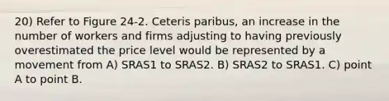 20) Refer to Figure 24-2. Ceteris paribus, an increase in the number of workers and firms adjusting to having previously overestimated the price level would be represented by a movement from A) SRAS1 to SRAS2. B) SRAS2 to SRAS1. C) point A to point B.