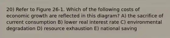 20) Refer to Figure 26-1. Which of the following costs of economic growth are reflected in this diagram? A) the sacrifice of current consumption B) lower real interest rate C) environmental degradation D) resource exhaustion E) national saving