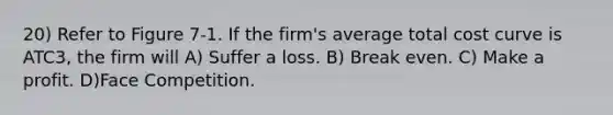 20) Refer to Figure 7-1. If the firm's average total cost curve is ATC3, the firm will A) Suffer a loss. B) Break even. C) Make a profit. D)Face Competition.