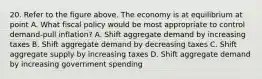 20. Refer to the figure above. The economy is at equilibrium at point A. What fiscal policy would be most appropriate to control demand-pull inflation? A. Shift aggregate demand by increasing taxes B. Shift aggregate demand by decreasing taxes C. Shift aggregate supply by increasing taxes D. Shift aggregate demand by increasing government spending