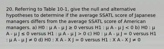 20. Referring to Table 10-1, give the null and alternative hypotheses to determine if the average SSATL score of Japanese managers differs from the average SSATL score of American managers. a) H0 : µ A - µ J ≥ 0 versus H1 : µ A - µ J 0 c) H0 : µ A - µ J = 0 versus H1 : µ A - µ J ≠ 0 d) H0 : X A - X J = 0 versus H1 : X A - X J ≠ 0