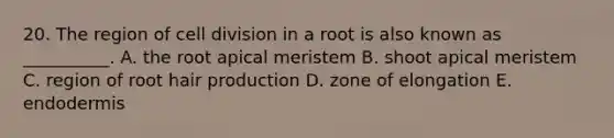 20. The region of cell division in a root is also known as __________. A. the root apical meristem B. shoot apical meristem C. region of root hair production D. zone of elongation E. endodermis