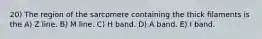 20) The region of the sarcomere containing the thick filaments is the A) Z line. B) M line. C) H band. D) A band. E) I band.