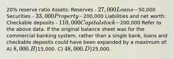 20% reserve ratio Assets: Reserves - 27,000 Loans -50,000 Securities - 33,000 Property -200,000 Liabilities and net worth: Checkable deposits - 110,000 Capital stock -200,000 Refer to the above data. If the original balance sheet was for the commercial banking system, rather than a single bank, loans and checkable deposits could have been expanded by a maximum of: A) 8,000. B)15,000. C) 48,000. D)25,000.