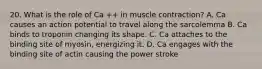 20. What is the role of Ca ++ in muscle contraction? A. Ca causes an action potential to travel along the sarcolemma B. Ca binds to troponin changing its shape. C. Ca attaches to the binding site of myosin, energizing it. D. Ca engages with the binding site of actin causing the power stroke